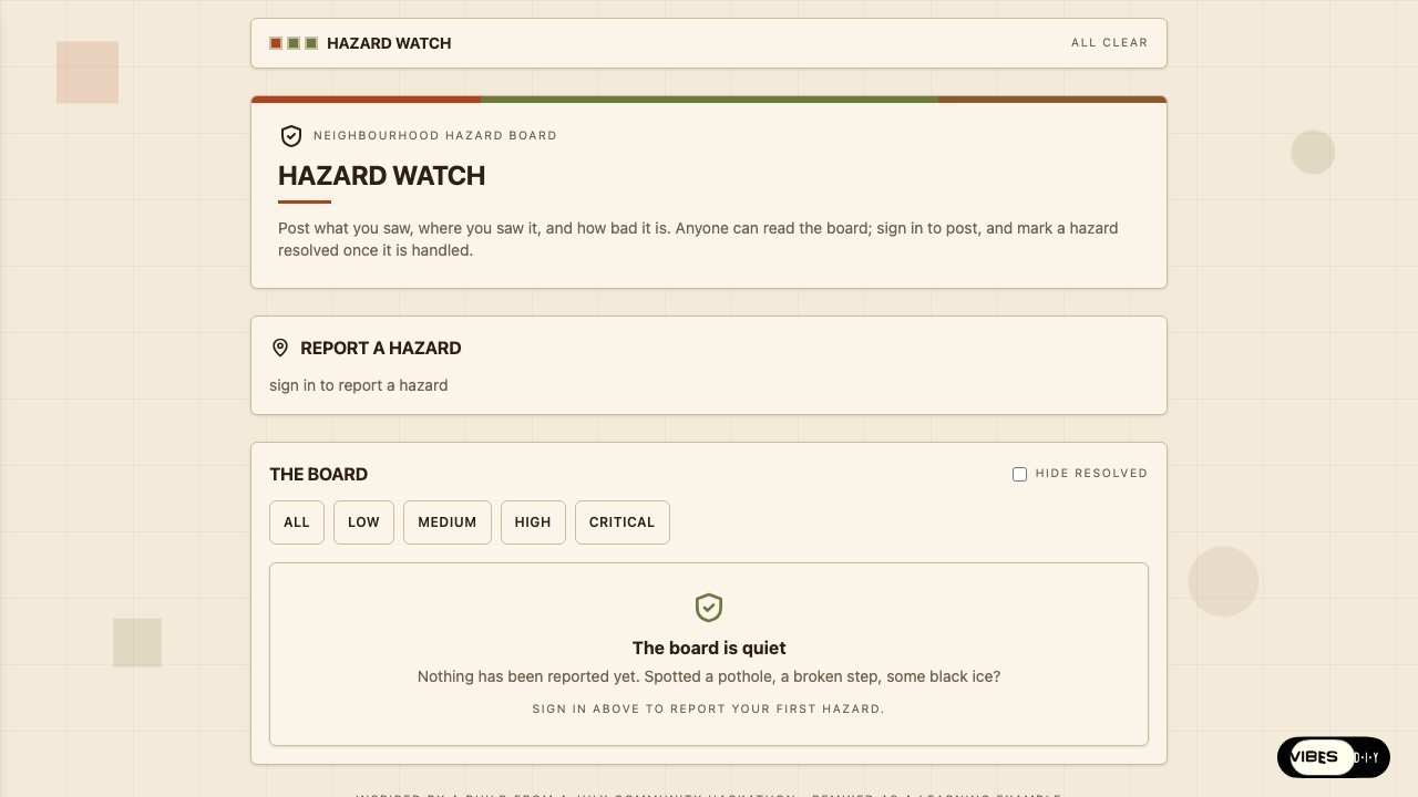 Hazard Watch app: a neighbourhood hazard board with an All Clear banner, a Report a Hazard card, and severity filters.
