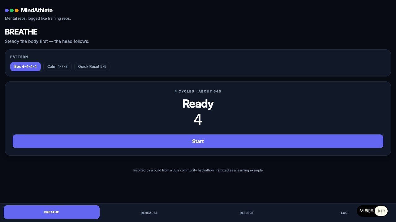 MindAthlete app: a dark screen titled Breathe with box-breathing pattern choices and a large Start button.