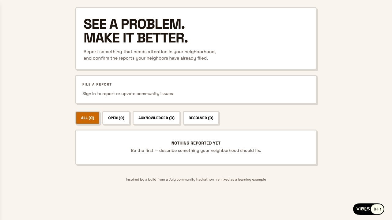 Community Lens app: a bold headline reading See a problem, make it better, with a File a Report card and status filters.