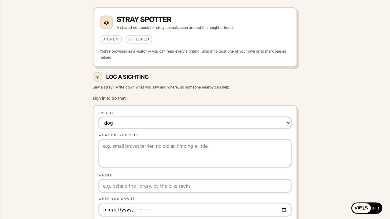 Stray Spotter app: a shared notebook for stray animals with open and helped counters and a recent sightings list.