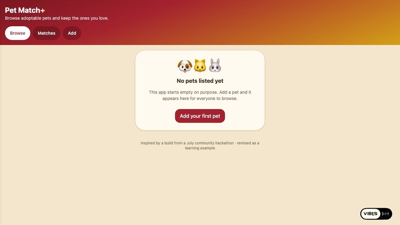 Pet Match app: a warm red-to-gold header with Browse, Matches, and Add tabs above a card inviting you to add your first pet.